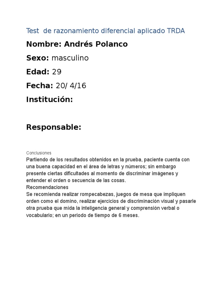 Informe del Test TRDA de Andrés Polanco | PDF | Salud y bienestar