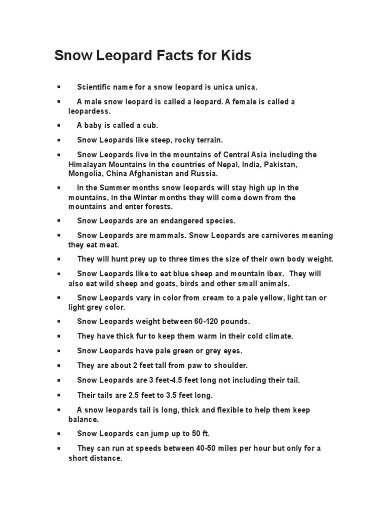 Snow Leopard Facts For Kids | PDF