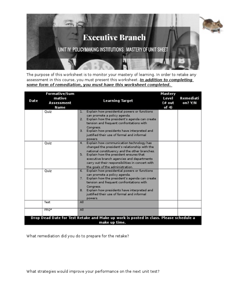 Mastery of Unit Sheet Executive Branch | PDF | Educational Assessment ...