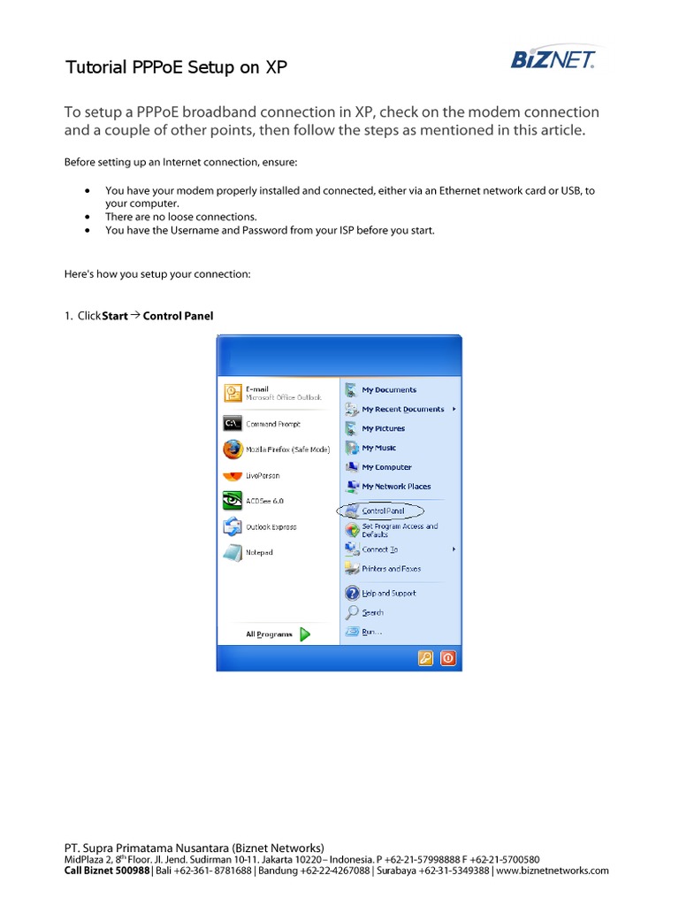 PPPoE Setup Guide for Windows XP | PDF | Technology & Engineering