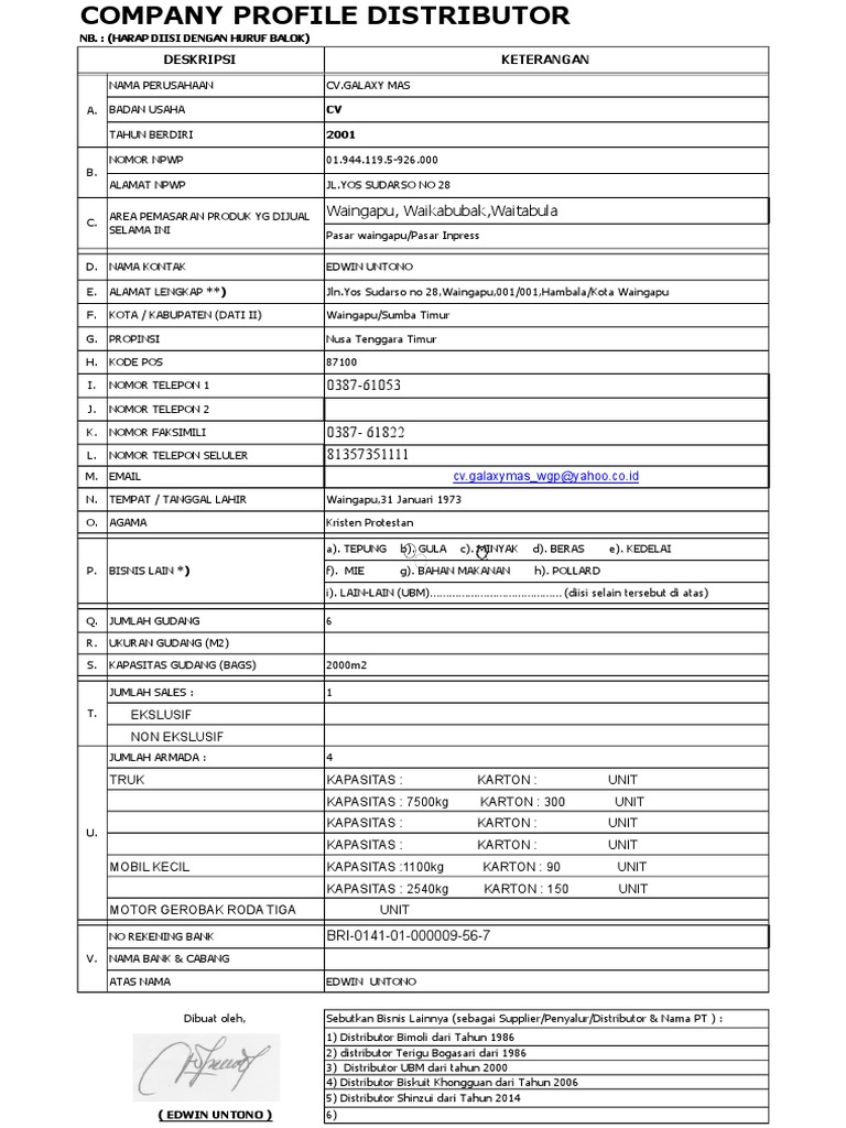 Profil Perusahaan Distributor CV.Galaxy Mas | PDF