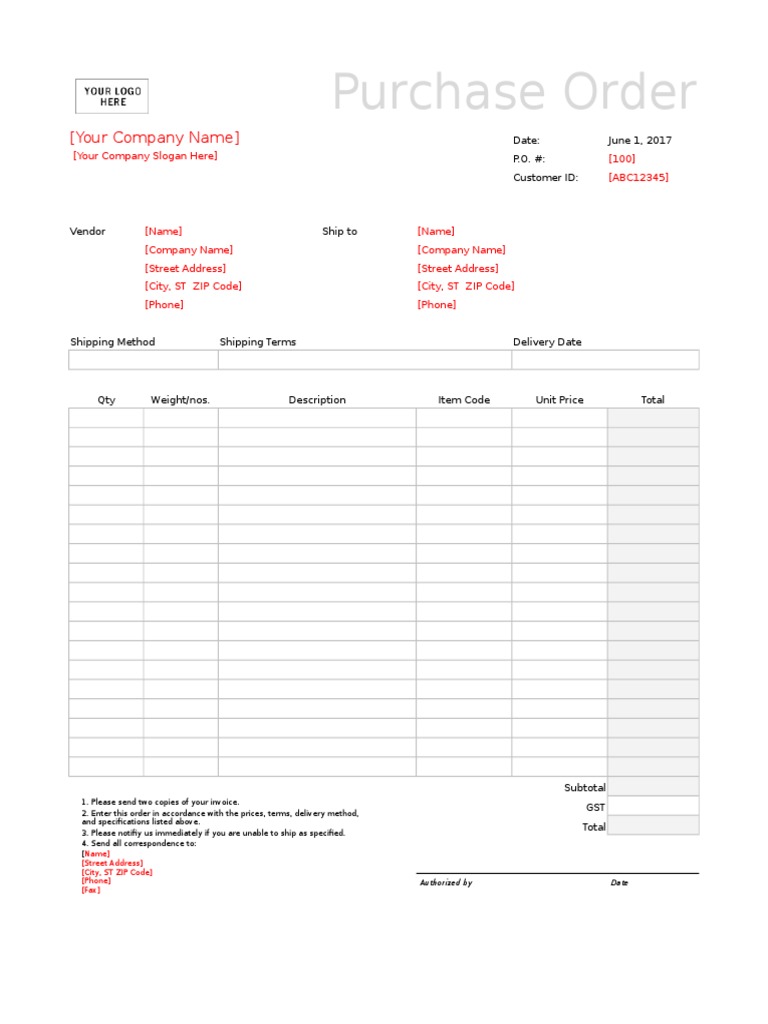 Blank Purchase Order Form PDF