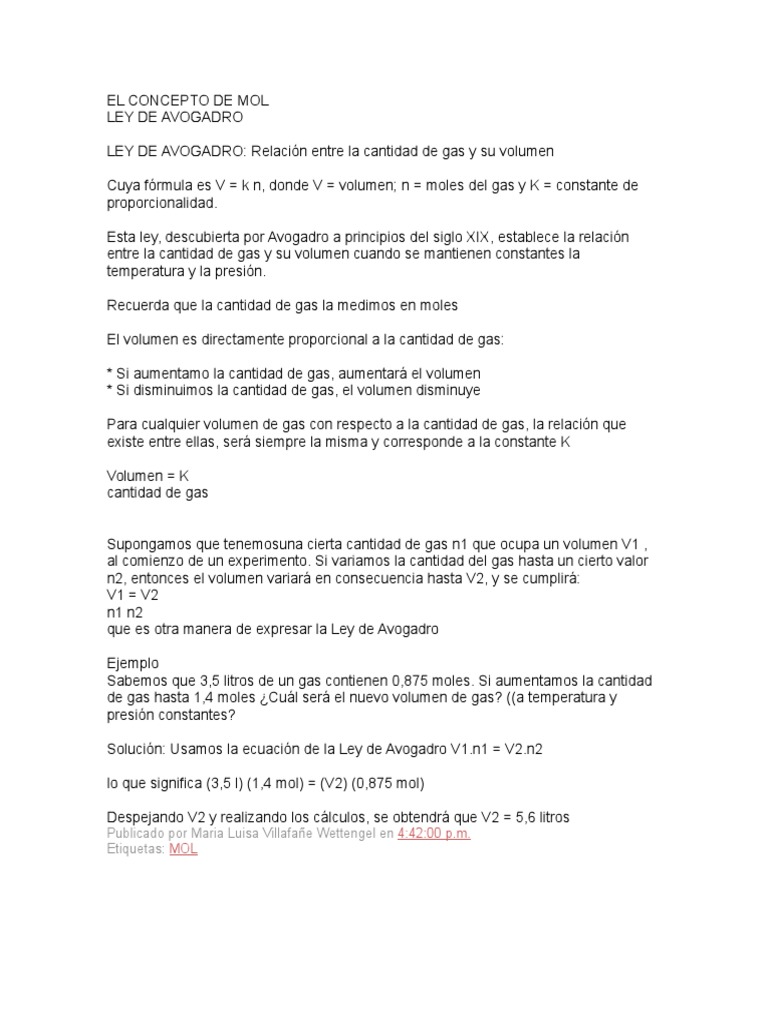 Ley de Avogadro: Volumen y Moles | PDF | Gases | Mole (Unidad)
