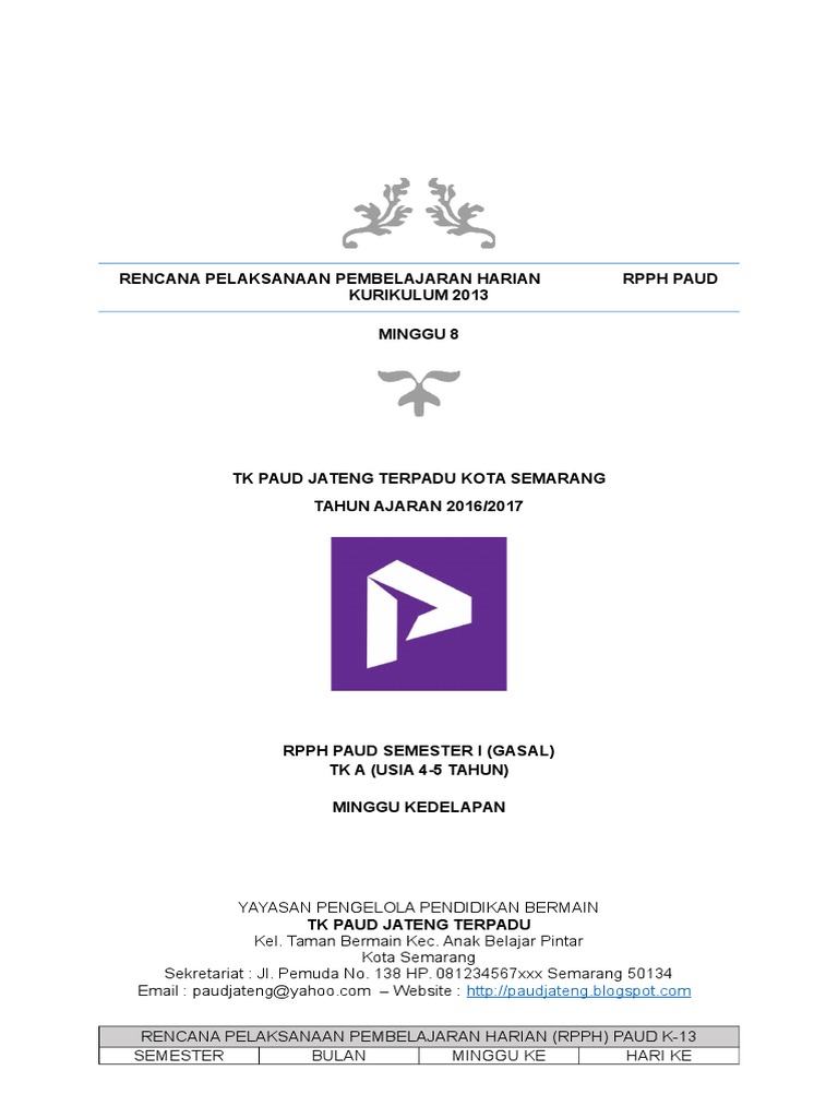 Rpph Tk A K 13 Paud Usia 4 5 Th Minggu 8 Ok