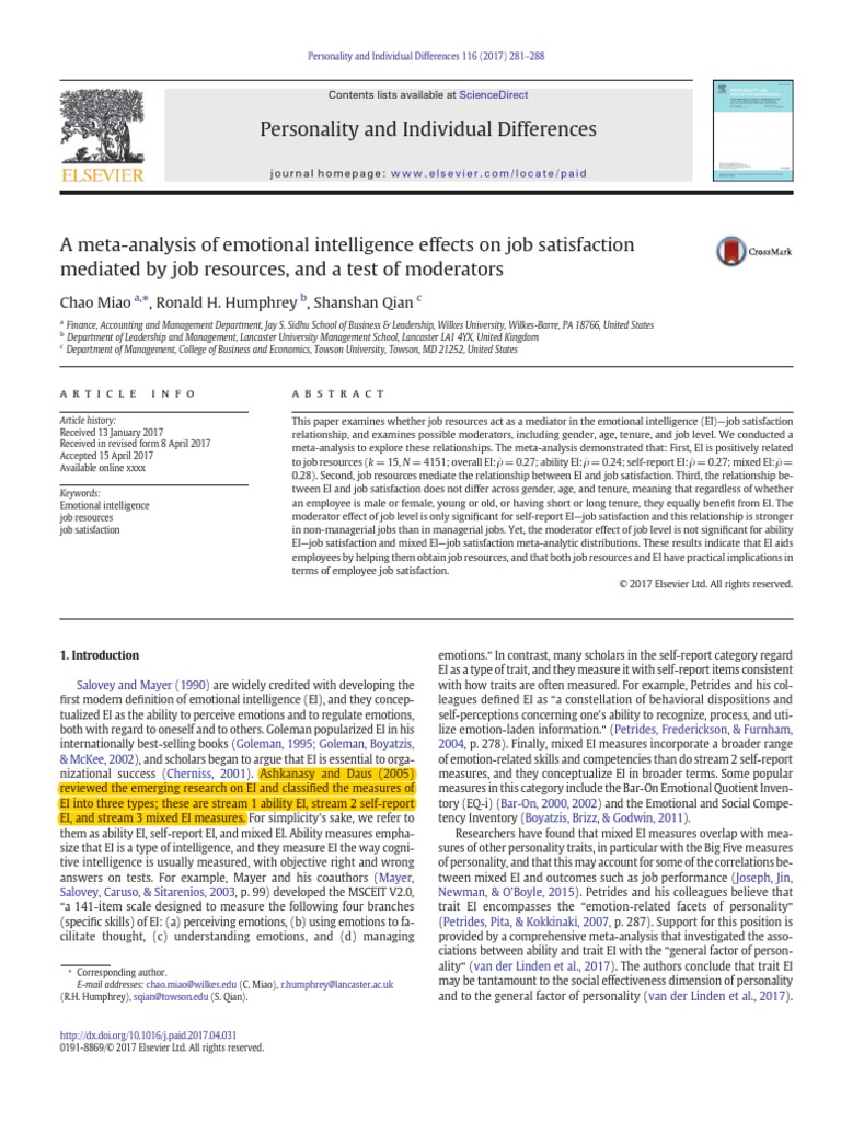 A Meta-Analysis of Emotional Intelligence Effects On Job Satisfaction ...