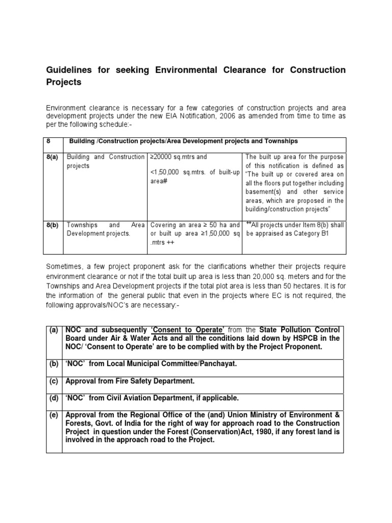 Guidelines For Seeking Environmental Clearance For Construction ...