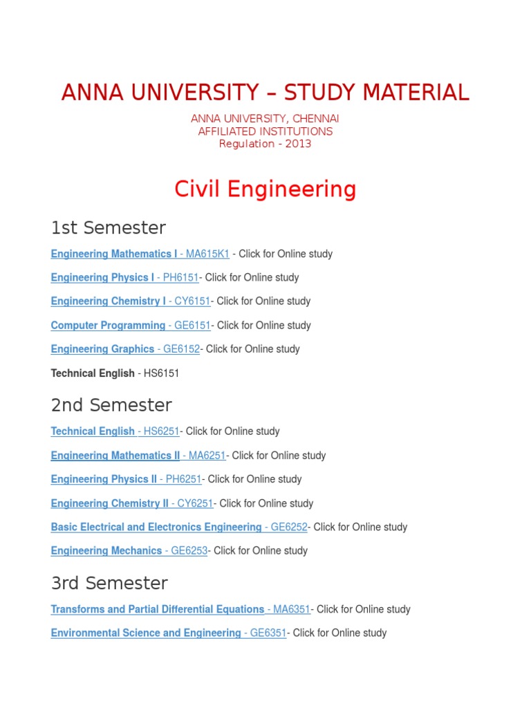 Anna University Civil Engineering Syllabus | PDF | Engineering ...