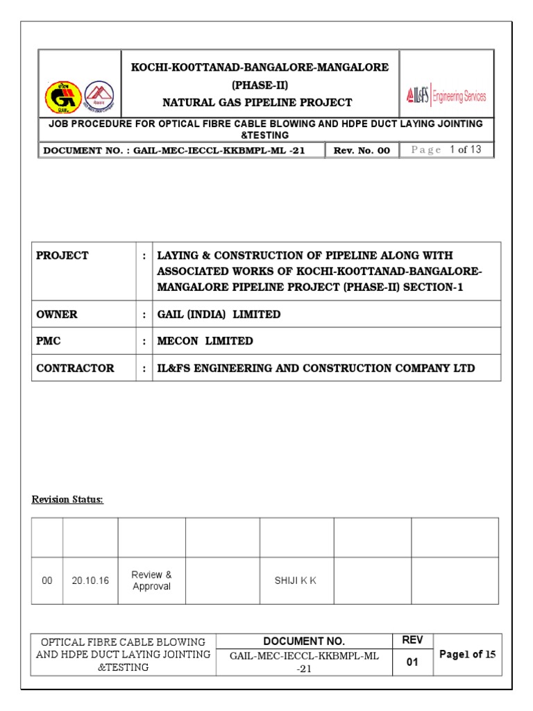 OFC Blowing & HDPE Duct Procedure | PDF | Optical Fiber | Pipe (Fluid ...