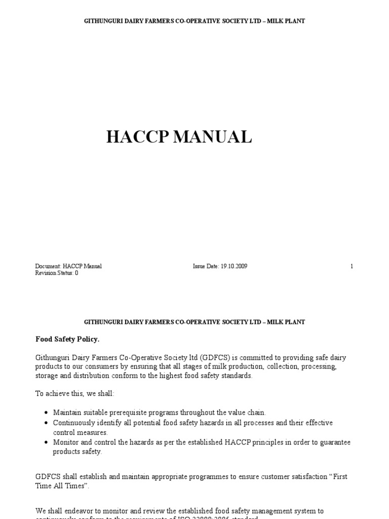 HACCP Manual for Dairy Processing | PDF | Food Safety | Hazard Analysis ...