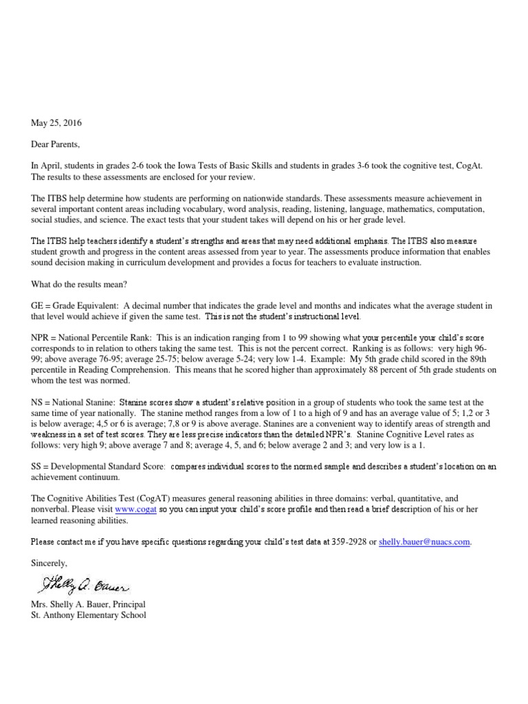 Parent Letter - Test Results | PDF | Educational Assessment 