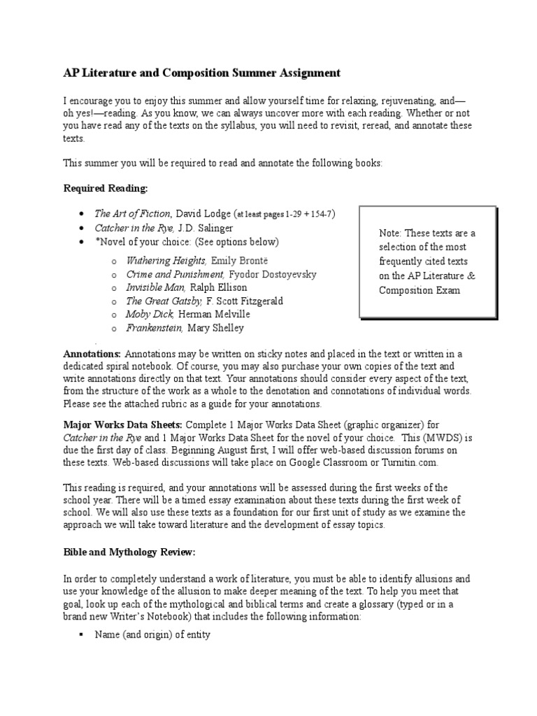Major Works Data Sheet Ap Literature