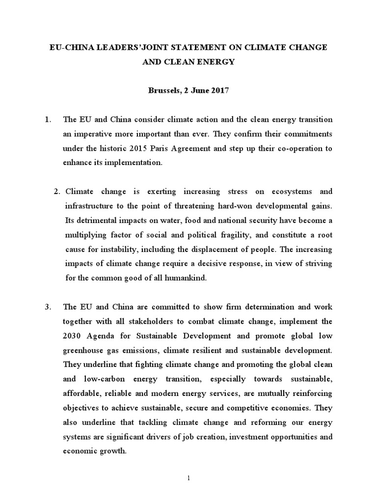 Final Version: EU China Leaders Joint Statement On Climate Change | PDF ...