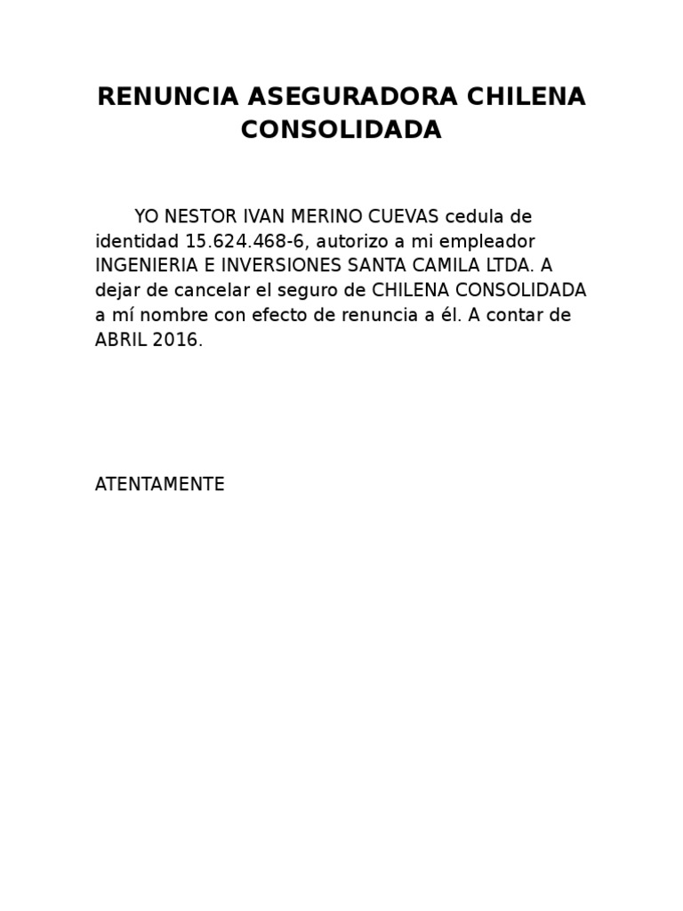 Renuncia Aseguradora Chilena Consolidada | PDF