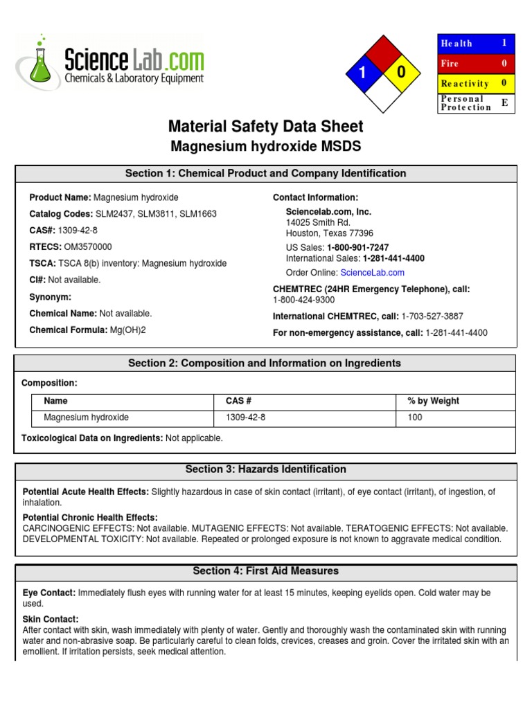 MSDS OF MAGNESIUM HYDROXIDE Toxicity Personal Protective Equipment