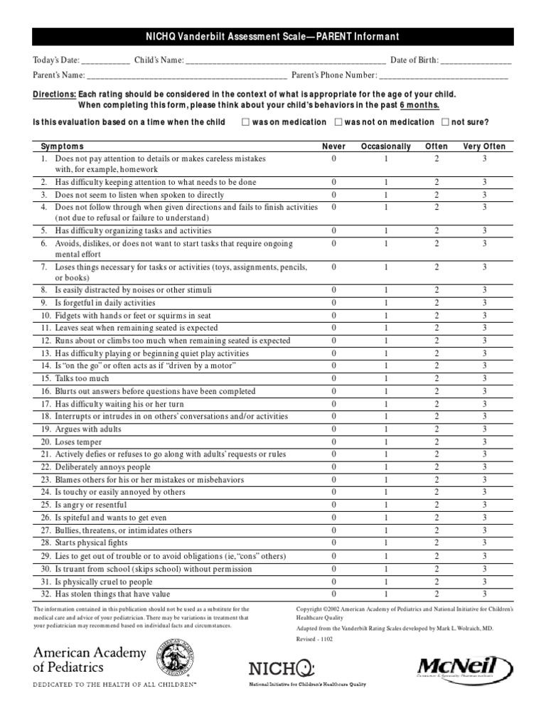 Vanderbilt parent questionnaire pdf attention deficit hyperactivity