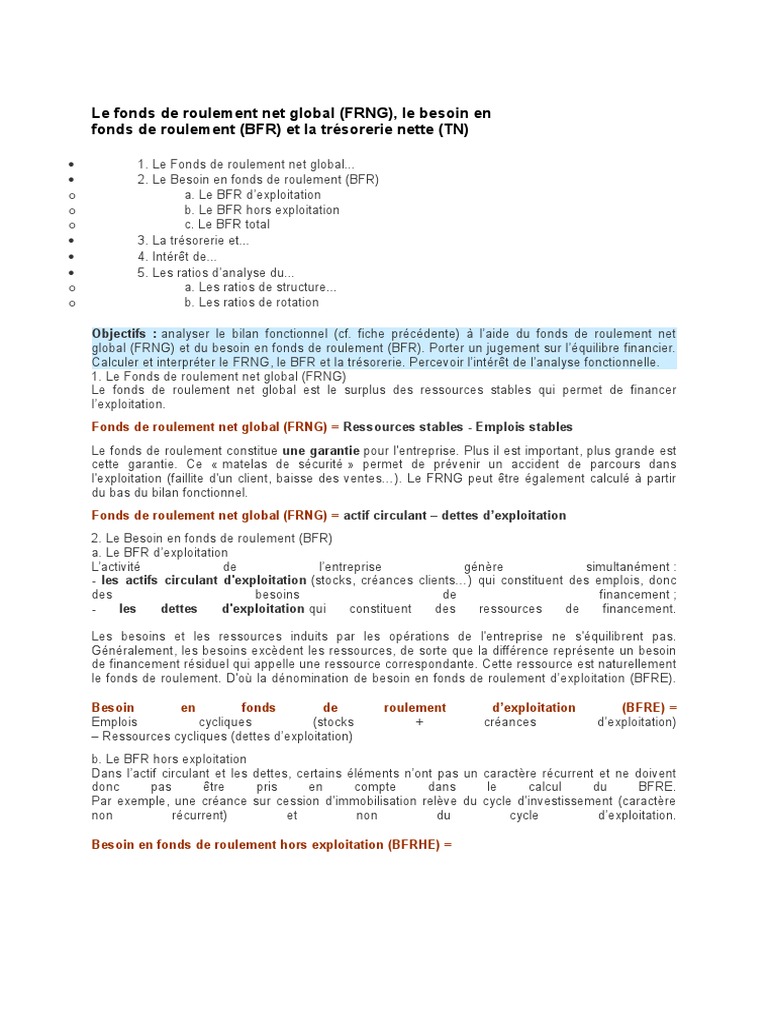 Calcul et Analyse du Fonds de Roulement | PDF | Fonds de roulement ...
