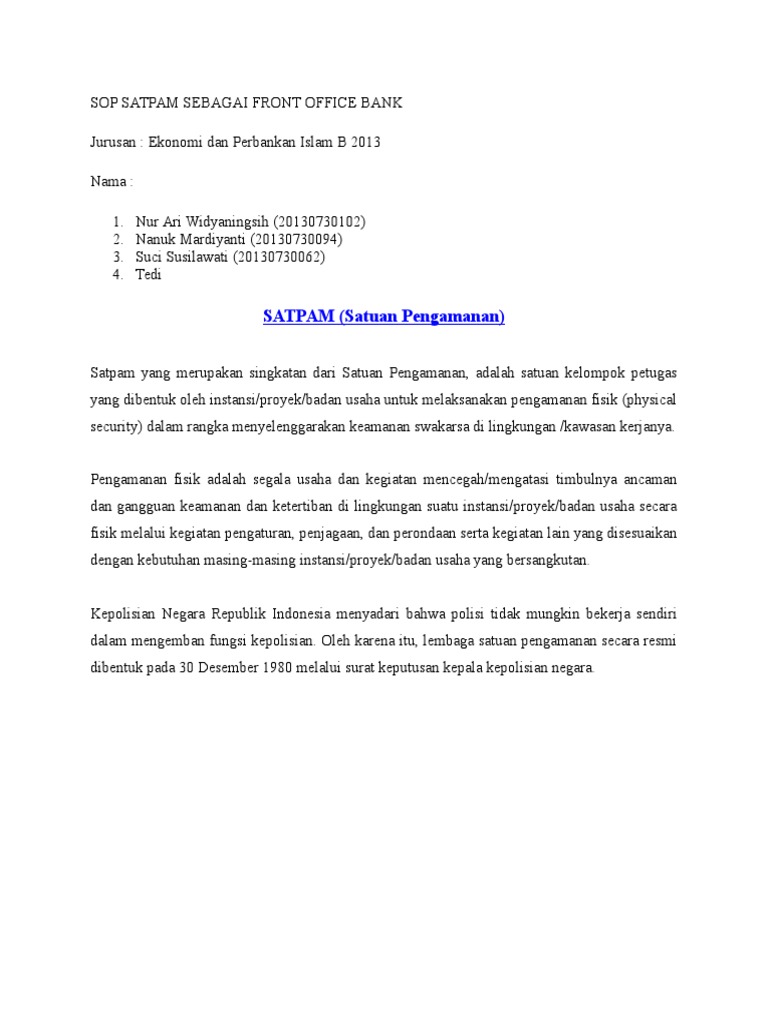 Sop Satpam Sebagai Front Office Bank