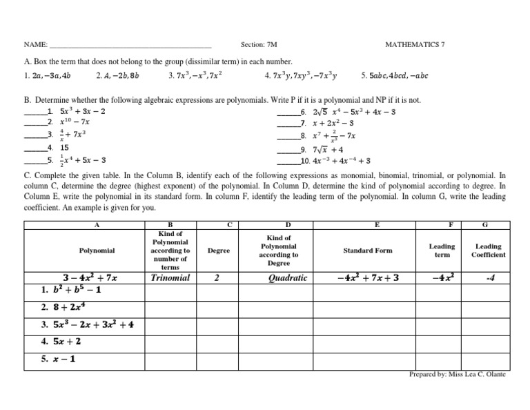 Grade 7 Math Polynomials | PDF | Polynomial | Abstract Algebra