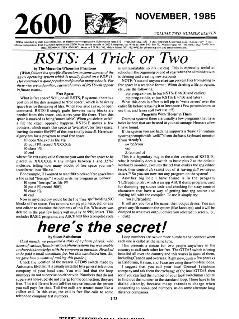 2600: The Hacker Quarterly (Volume 2, Number 11, November 1985) | PDF |  Telephone | Long Distance Calling