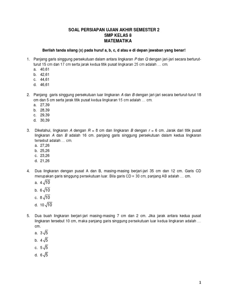 Soal Matematika Kelas Viii Smp Persiapan Ujian Akhir Semester 2 Docx