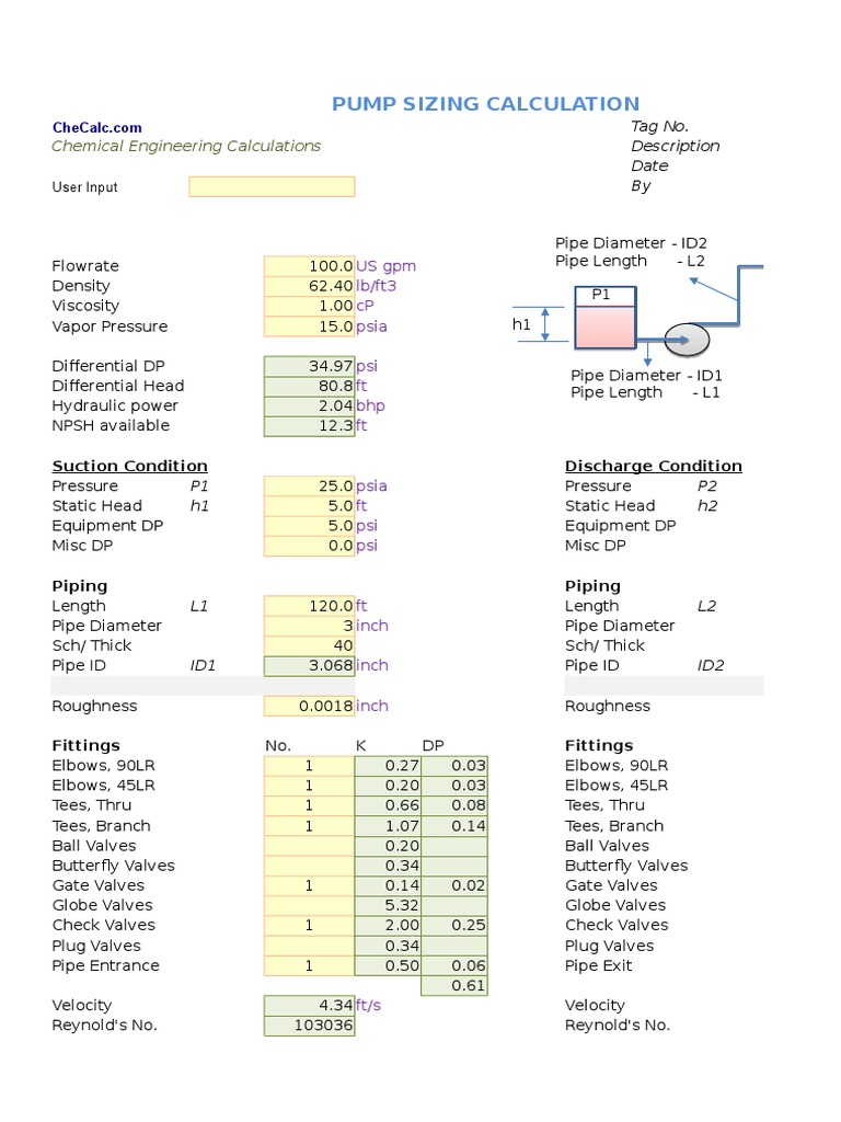 Pump Sizing Calculation Pump Pipe (Fluid Conveyance)