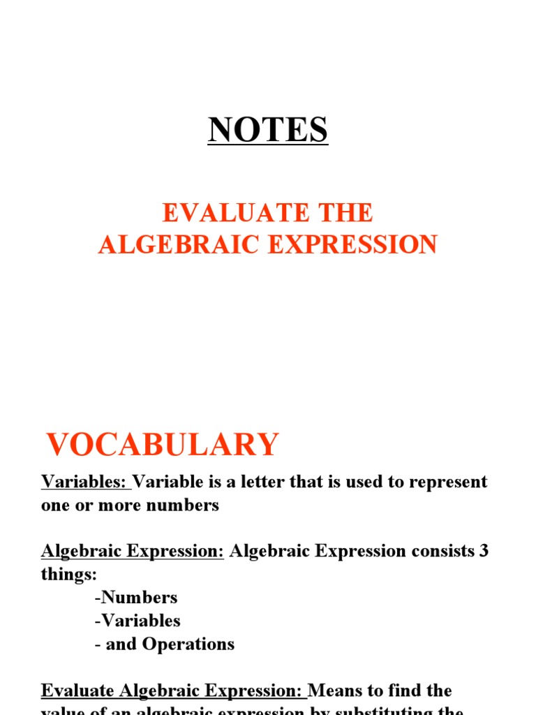 Evaluate Algebraic Expression | PDF