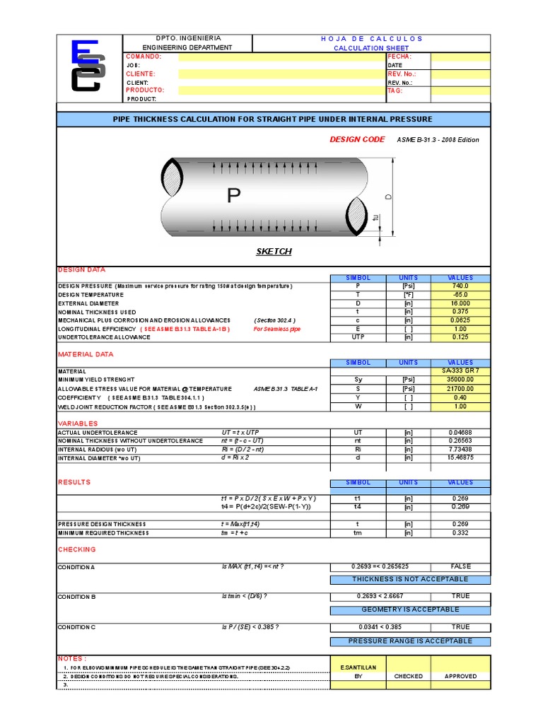 Pipe Thickness Calculation For Straight Pipe Under Internal Pressure
