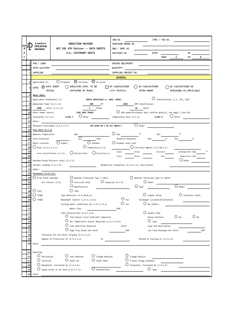 API 541 Data Sheet for Induction Motor | PDF