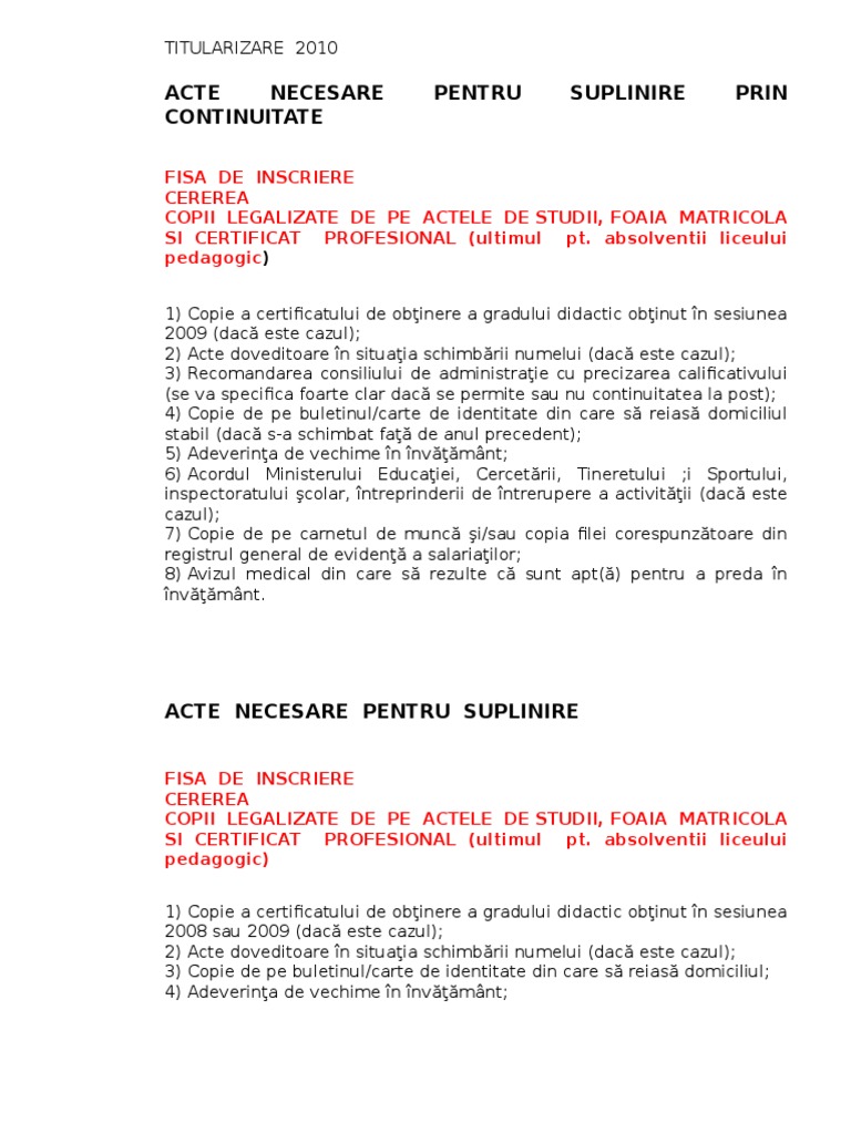 Acte Necesare Pentru Suplinire Suplinire Prin Continuitate