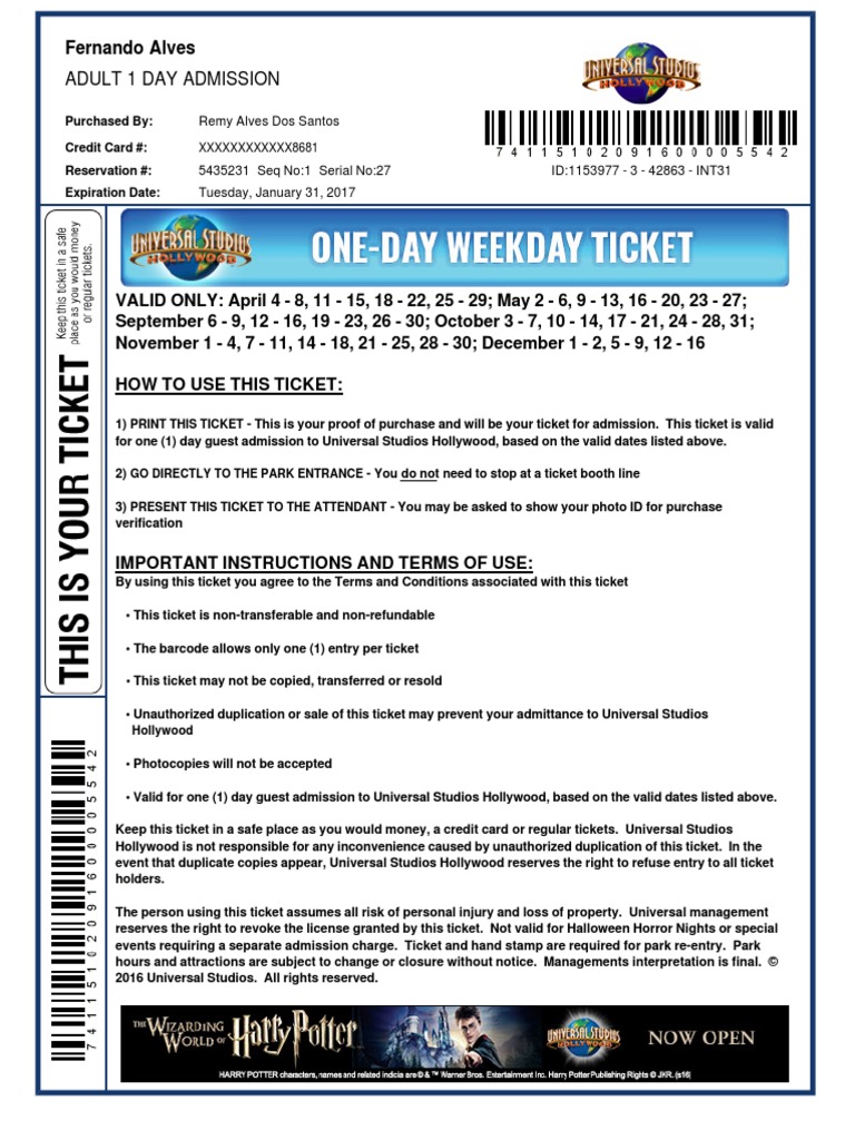 printable ticket to universal studios with custom name surprise