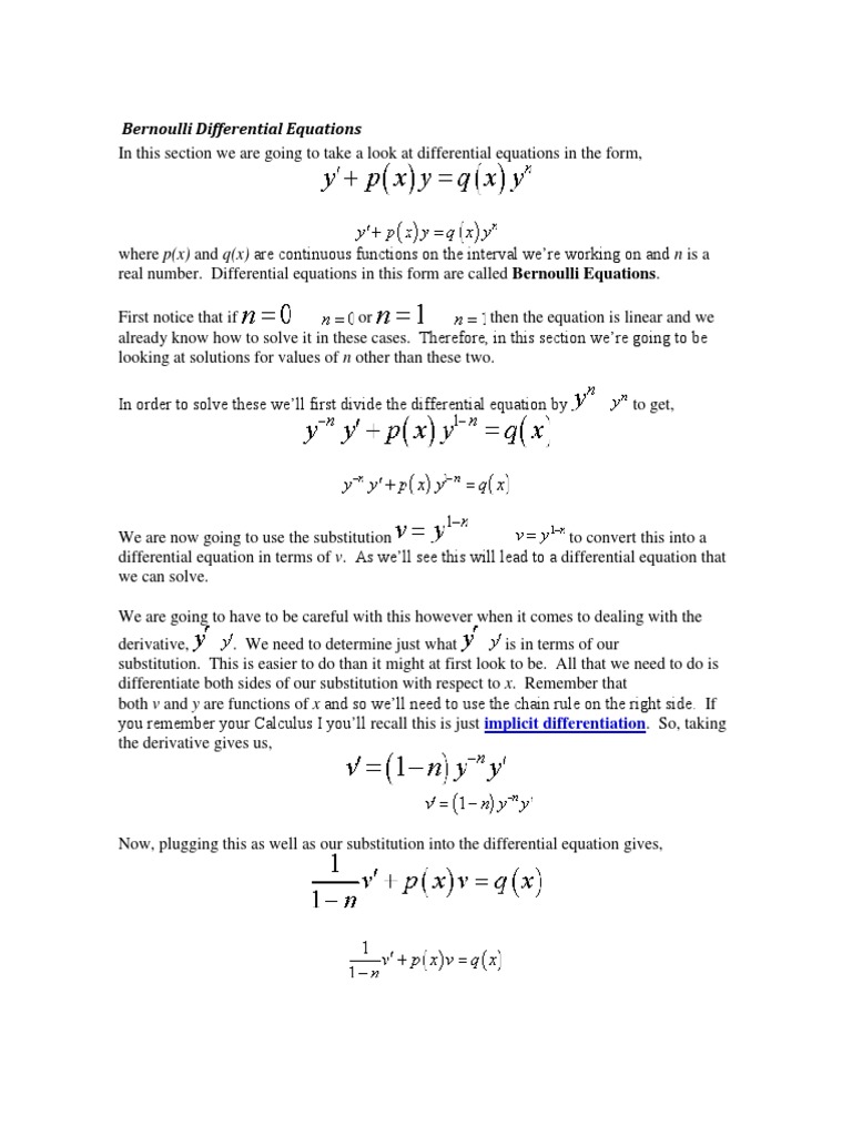 Bernoulli Differential Equations Differential Equations Equations