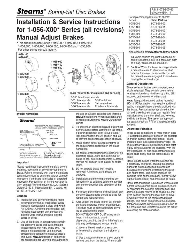 Stearns 1056X00 Series All Revisions Manual Adjust Brakes Manual