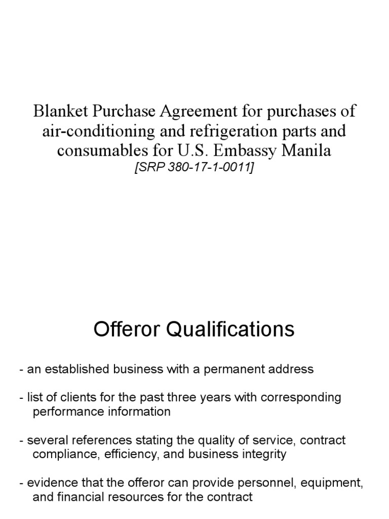 Blanket Purchase Agreement For Purchases of AirConditioning and