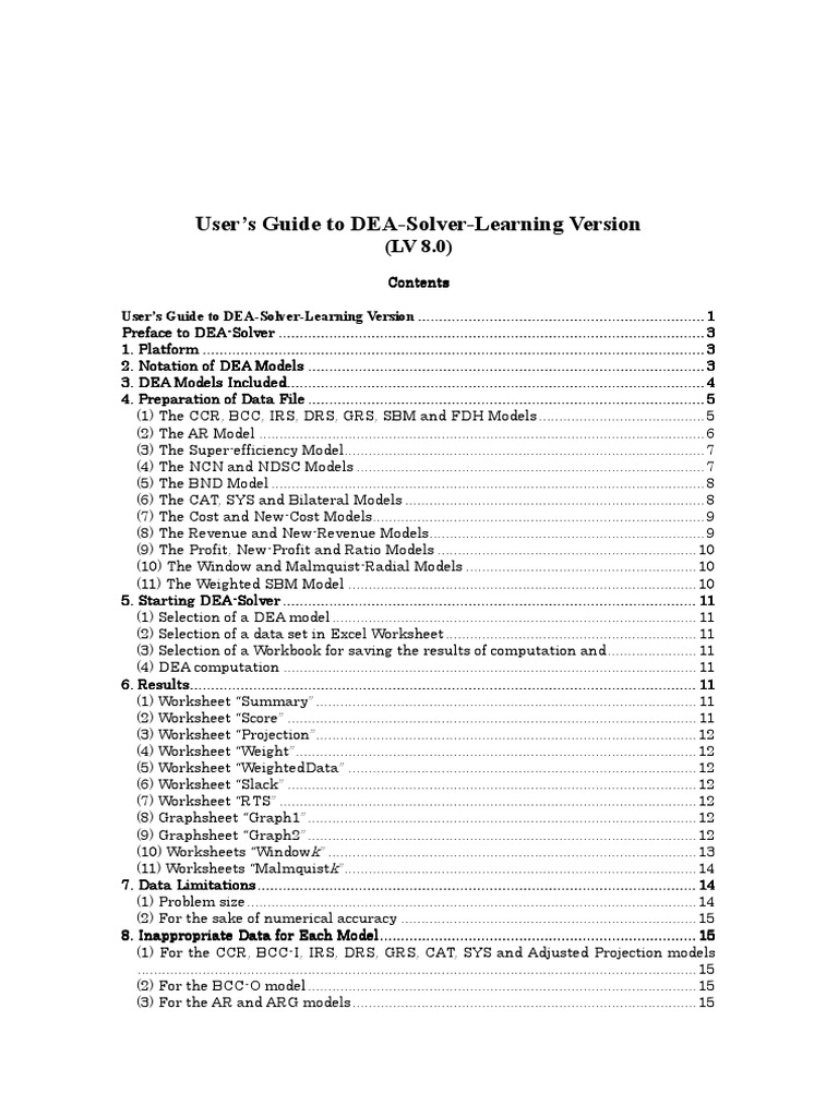 DEA-Solver-LV(V8) SpringerLV8 User&#39;s Guide LV(V8) | Microsoft Excel | Profit (Accounting)
