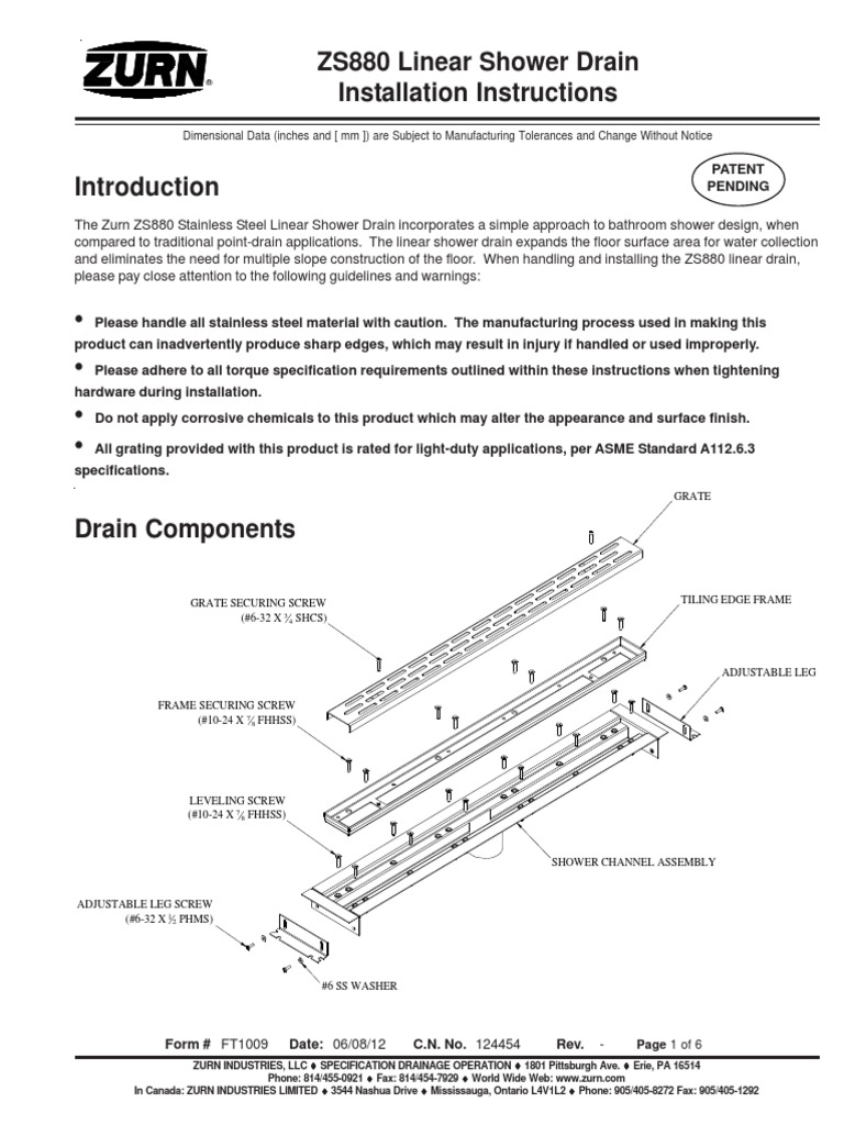 ZS880 Linear Shower Drain Installation Instructions PDF Screw Building Materials