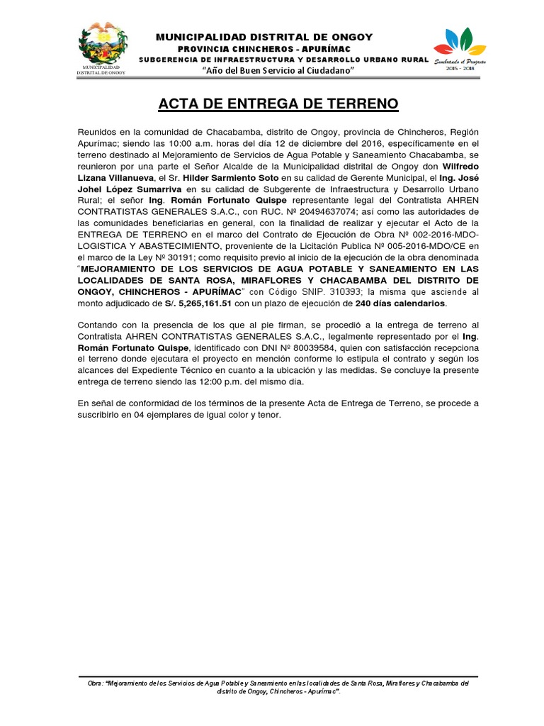 Acta de Entrega e Inicio de Obra | PDF | Gobierno local | Política ...