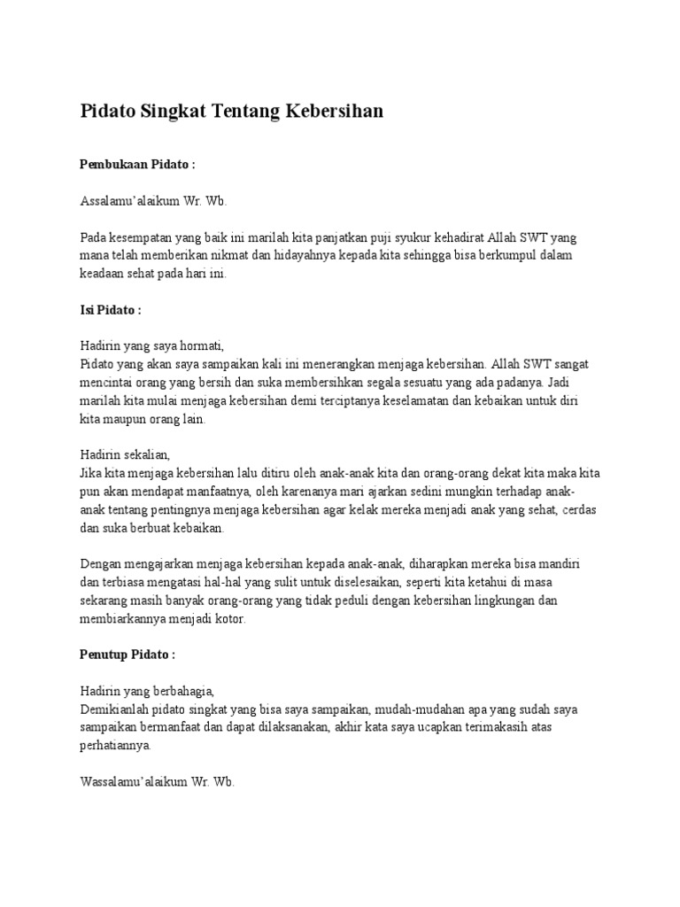 Pidato Singkat Tentang Kebersihan
