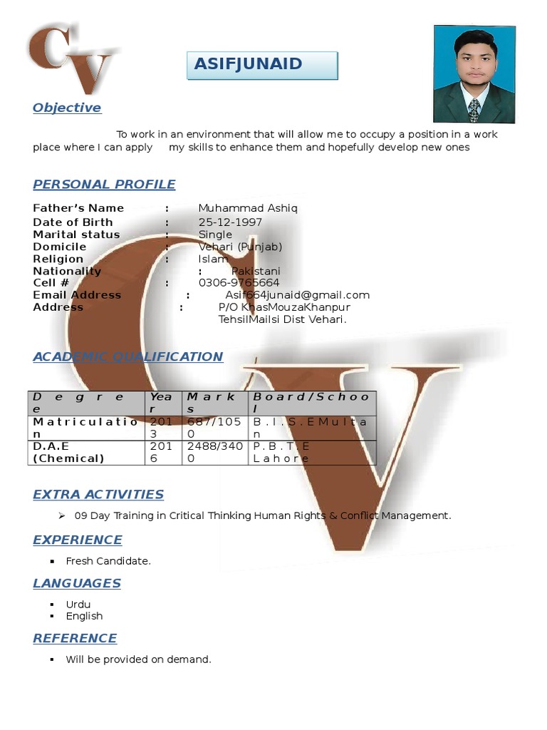 Resume of Asif Junaid - Fresh Graduate | PDF