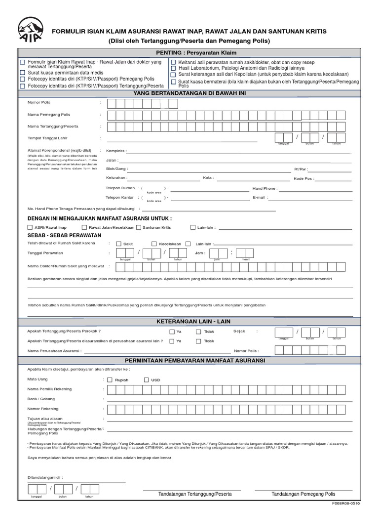 Formulir Klaim Asuransi AIA | PDF