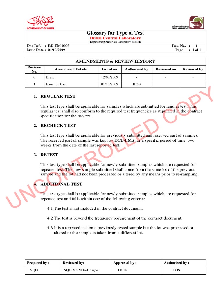 Uncontrolled Copy: Glossary For Type of Test | PDF | Government ...