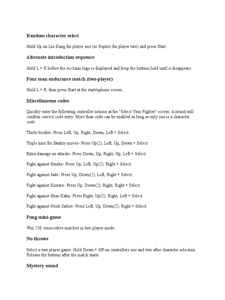 MK2 Cheat Code | PDF