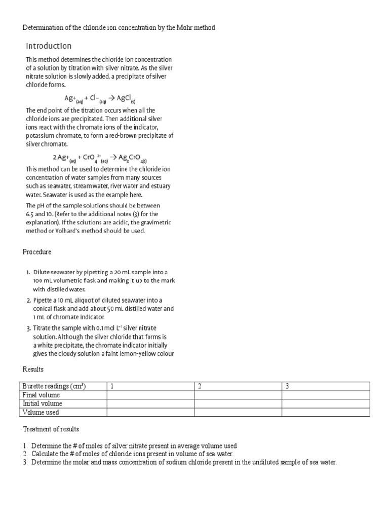 Determination of The Chloride Ion Concentration by The Mohr Method PDF