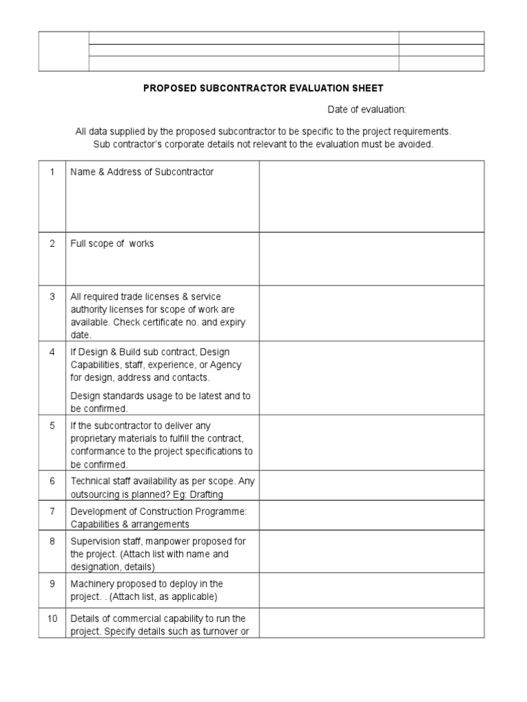 Subcontractor Evaluation | PDF | Specification (Technical Standard ...