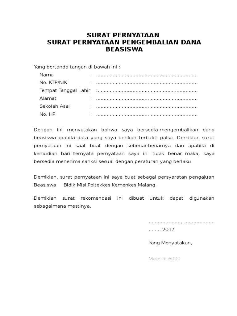 Contoh Surat Pernyataan Pengembalian Beasiswa