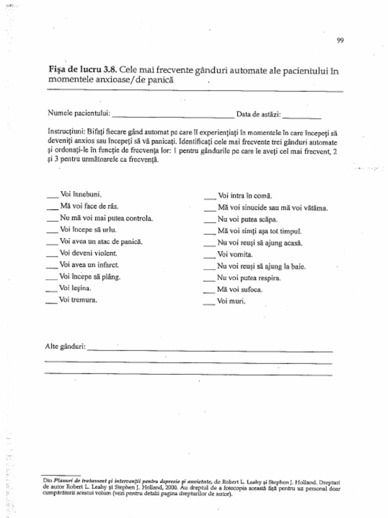 Fisa de Lucru Pentru Pacienti - Ganduri Automate Ale Pacientului in ...