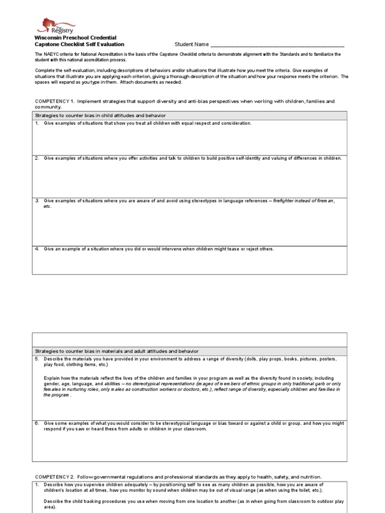 Preschool Capstone Checklist Self-Evaluation | Download Free PDF ...