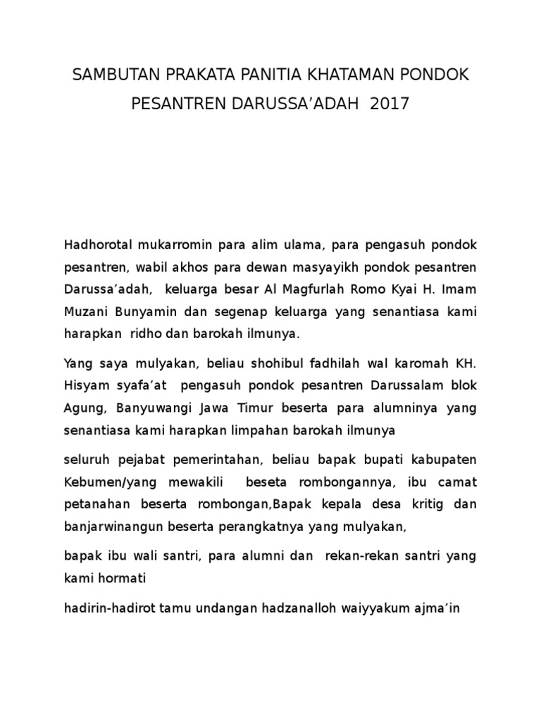 Sambutan Prakata Panitia Khataman Pondok Pesantren Darussa