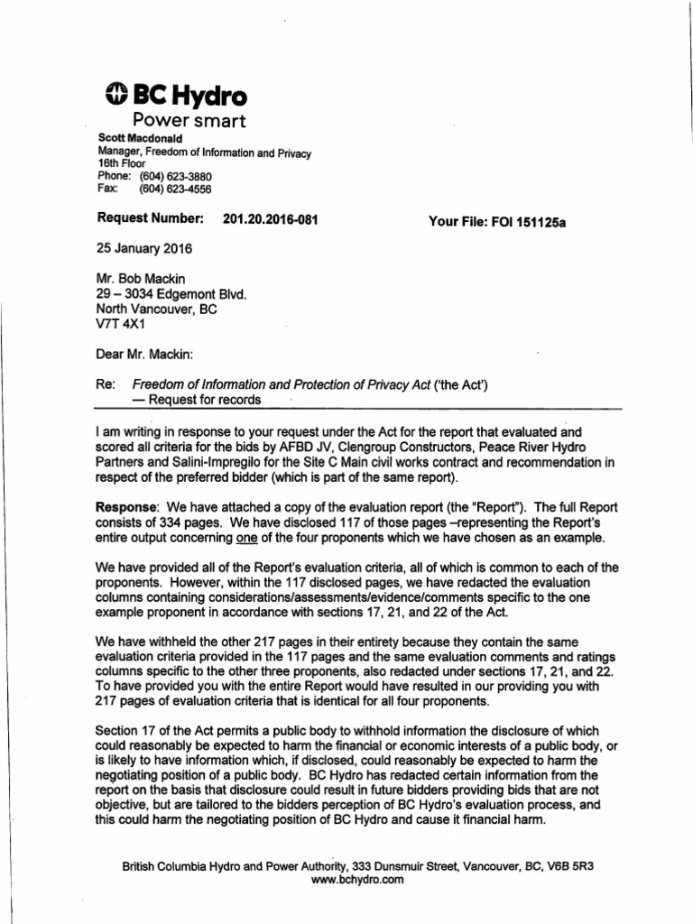 BC Hydro Site C FOI Request For Proposal Construction Management