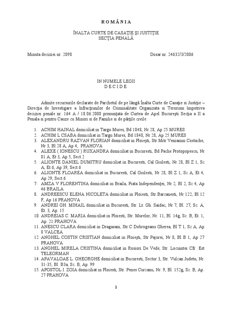Minuta 2098 Inalta Curte De Casatie Si Justitie Dosar Fni