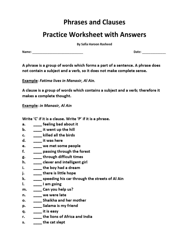 Phrases And Clauses Worksheet Pdf Grade 7